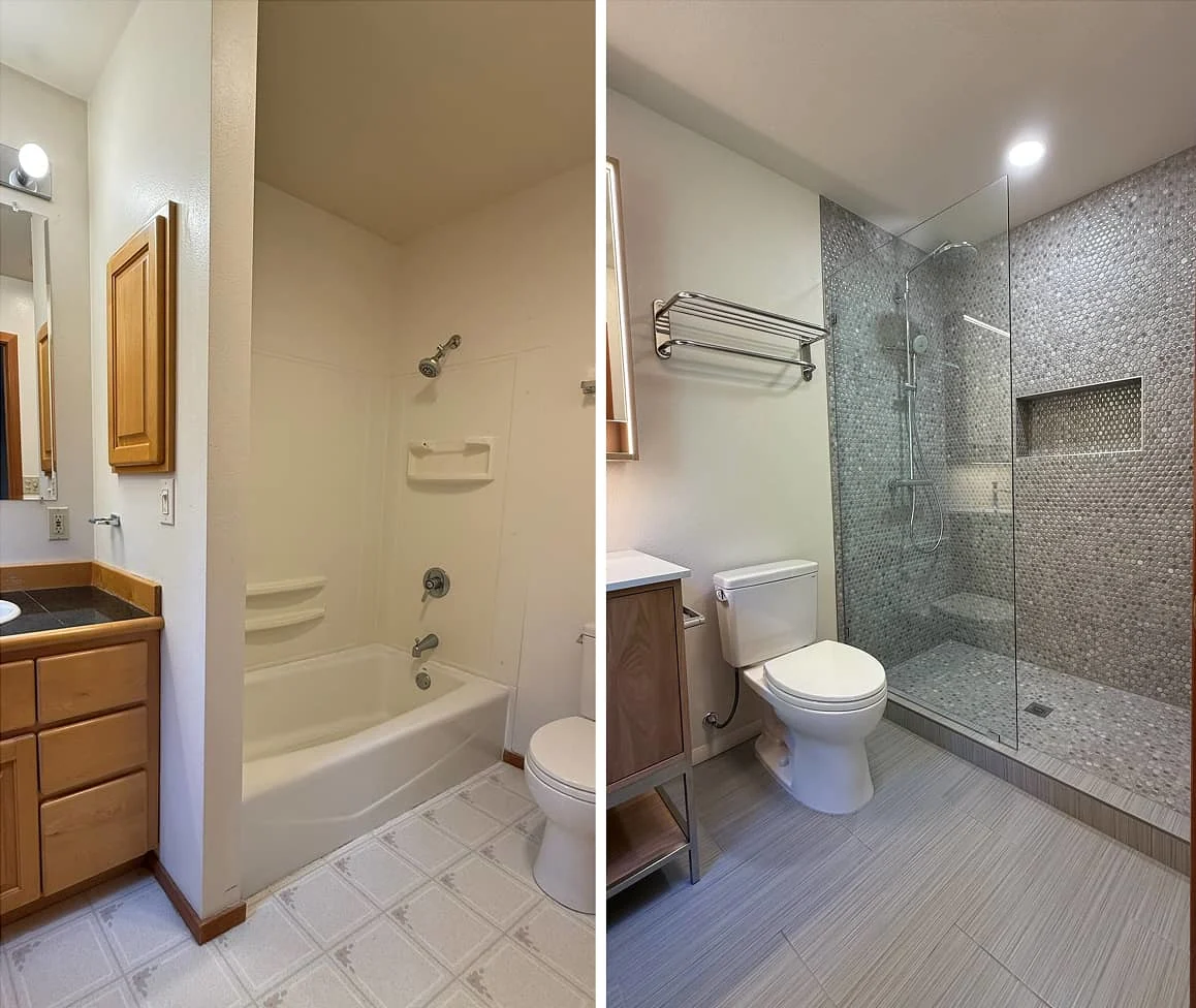 Before and after bathroom renovation with walk-in mosaic tile shower by NBE LLC