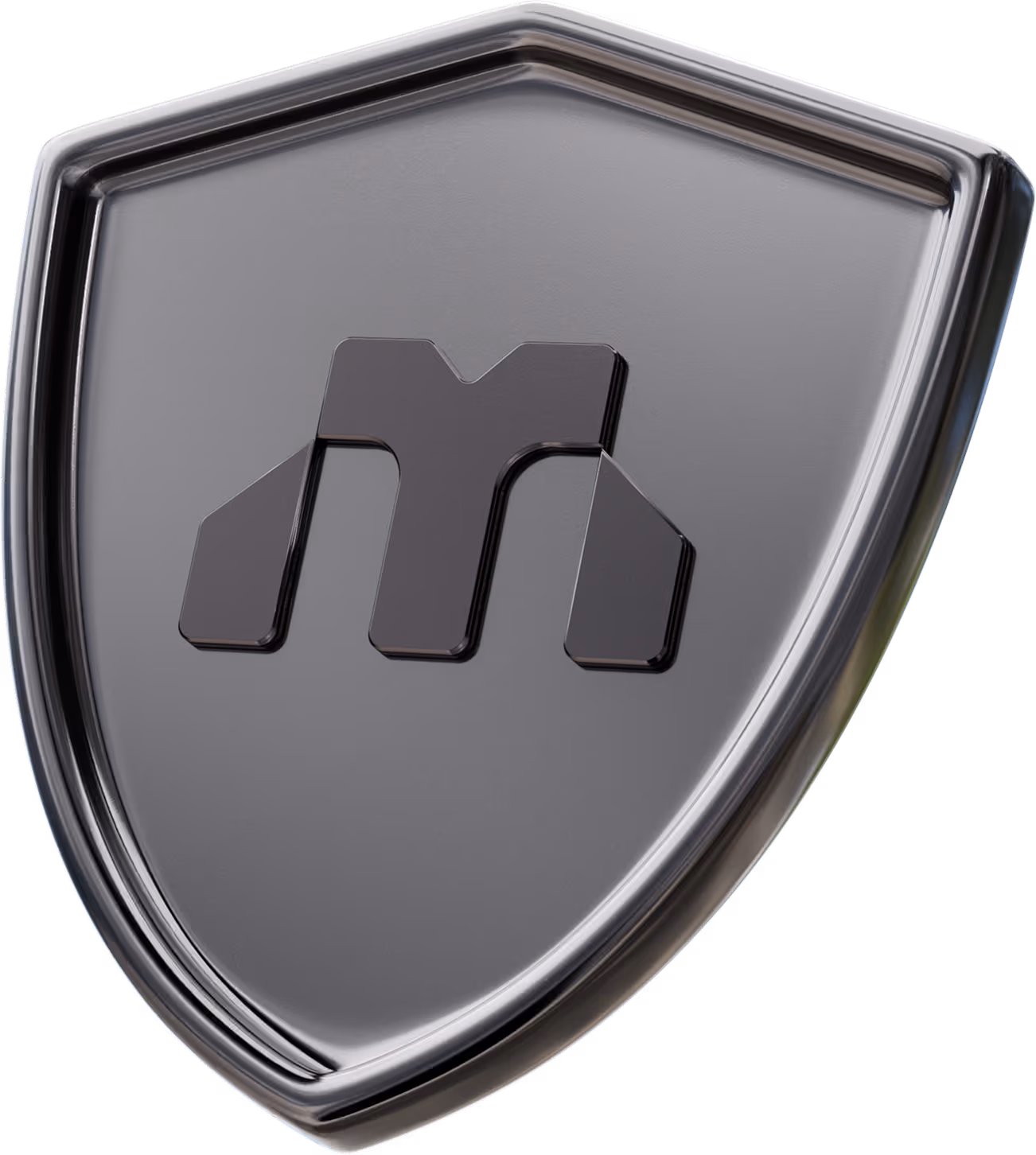 Glossy black shield with a raised stylized letter M in the center.