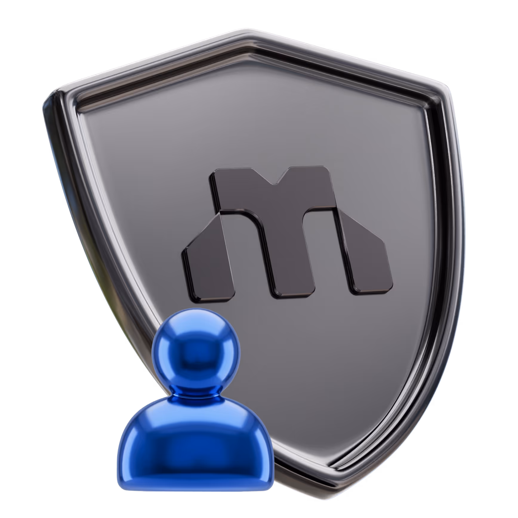 Metallic shield with an emblem behind a blue user icon representing security or protection.