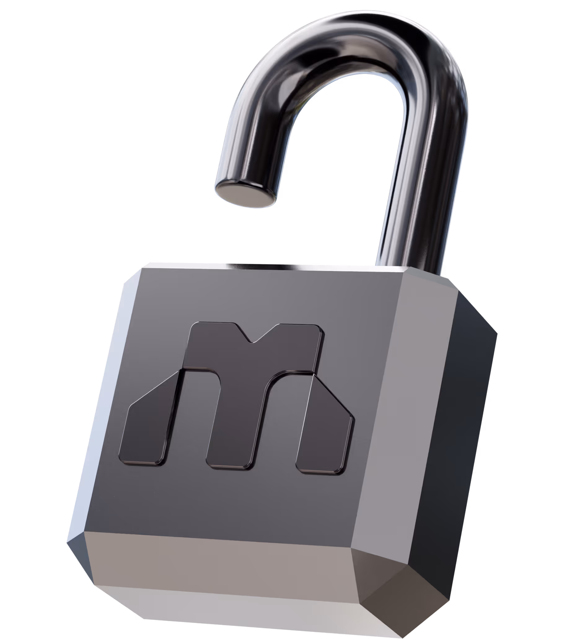 Glossy black shield with a raised stylized letter M in the center.