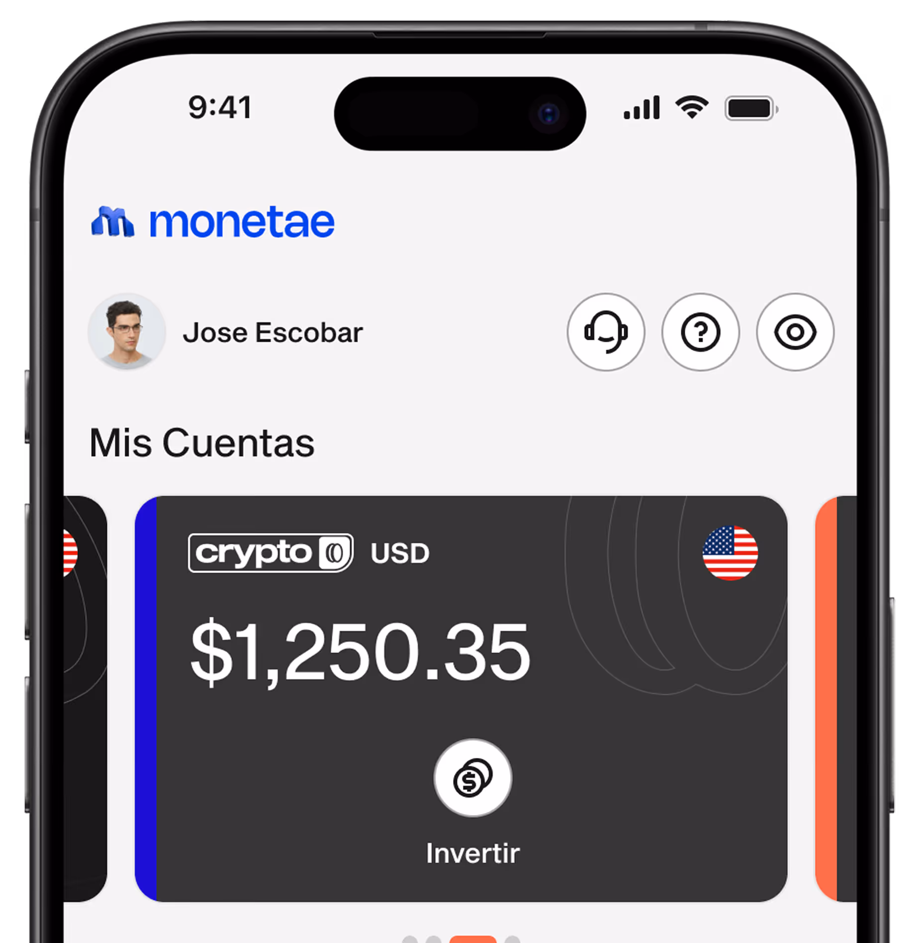 Mobile banking app screen showing Jose Escobar's crypto USD account balance of $1,250.35 with invest option.
