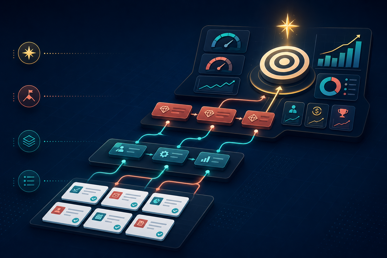 Value-focused execution illustration showing tasks connected to strategic outcomes