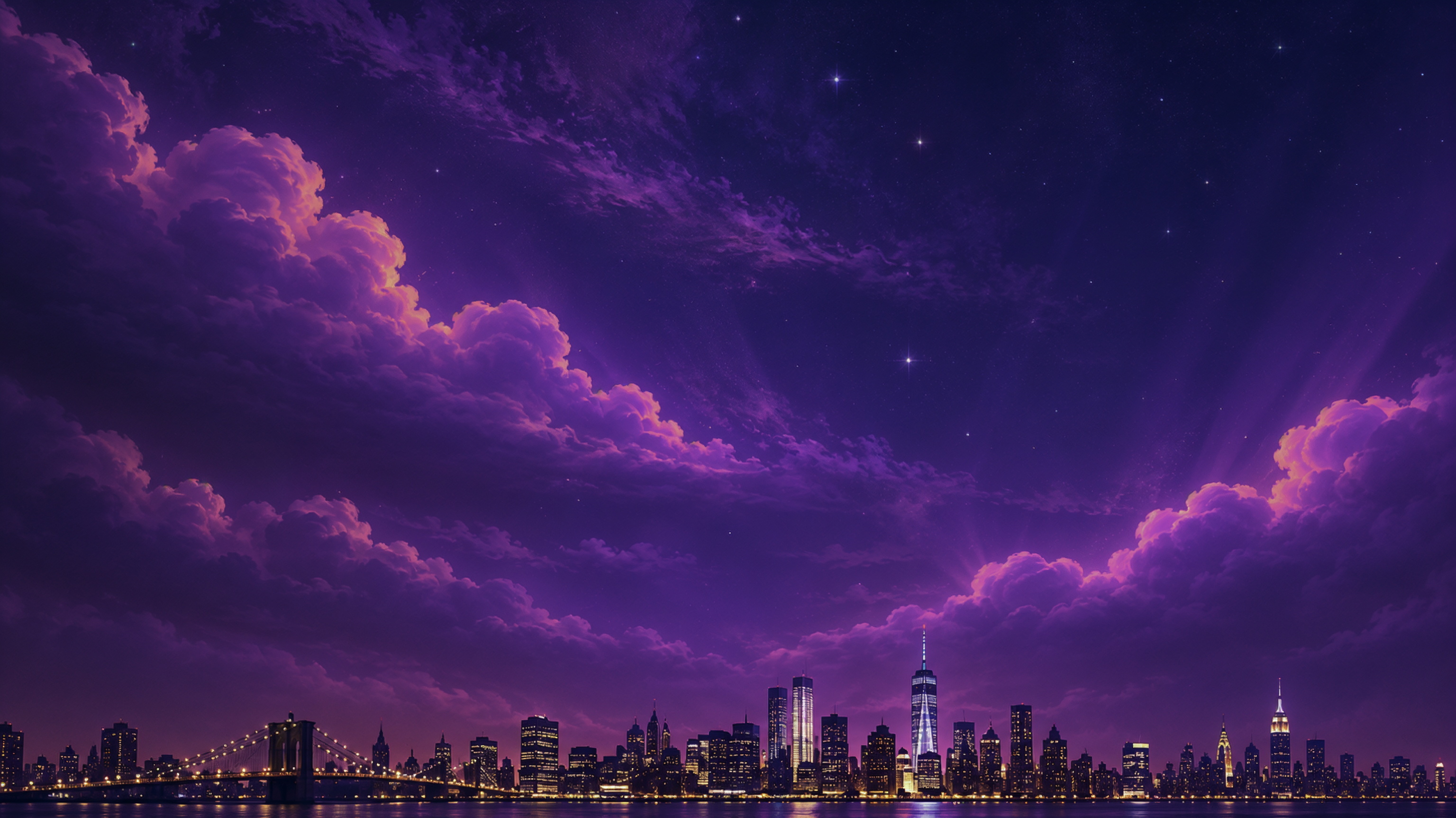 Purple New York skyline at night