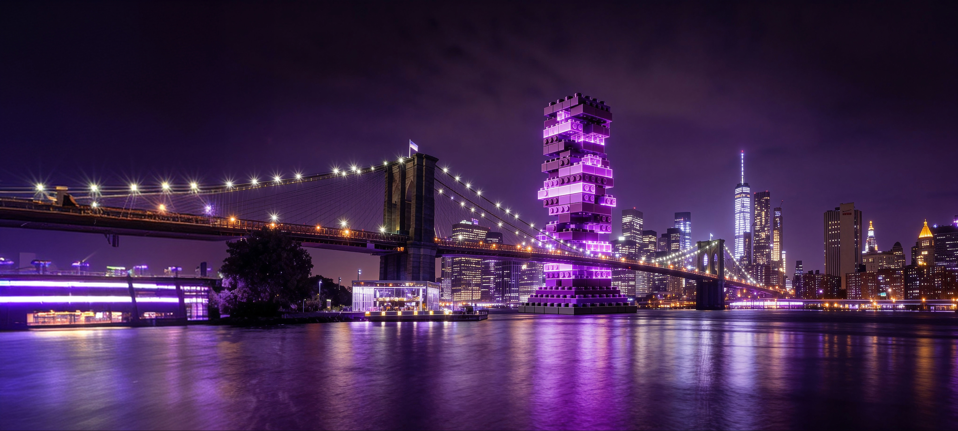 LEGO-style New York skyline at night with a glowing purple tower