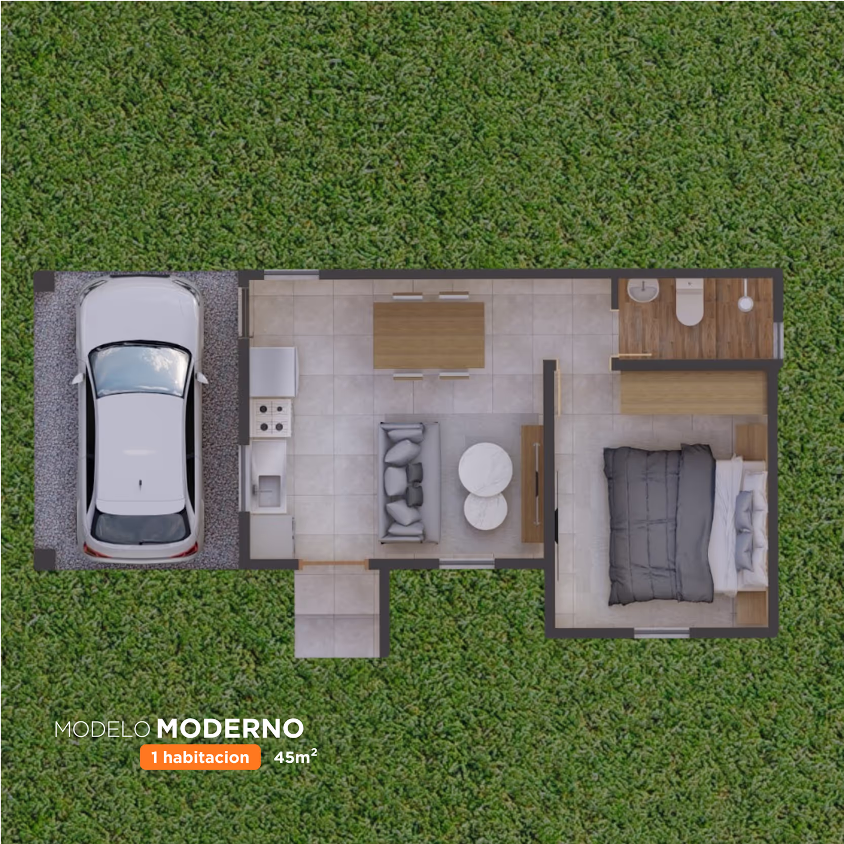 plano cenital del modelo moderno de 1 habitación de CasaMas