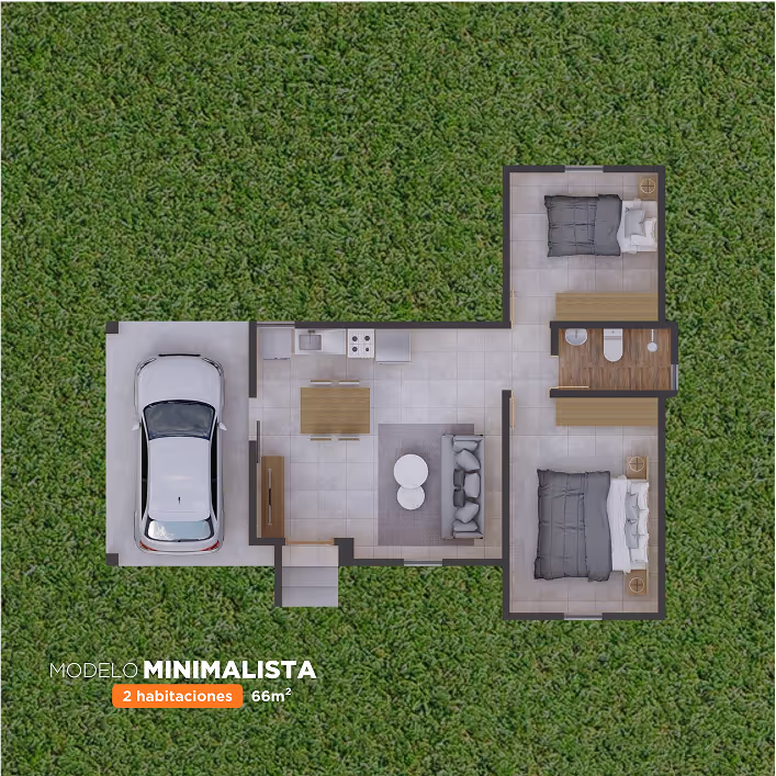 Plano cenital de la CasaMas modelo Minimalista de 2 dormitorios