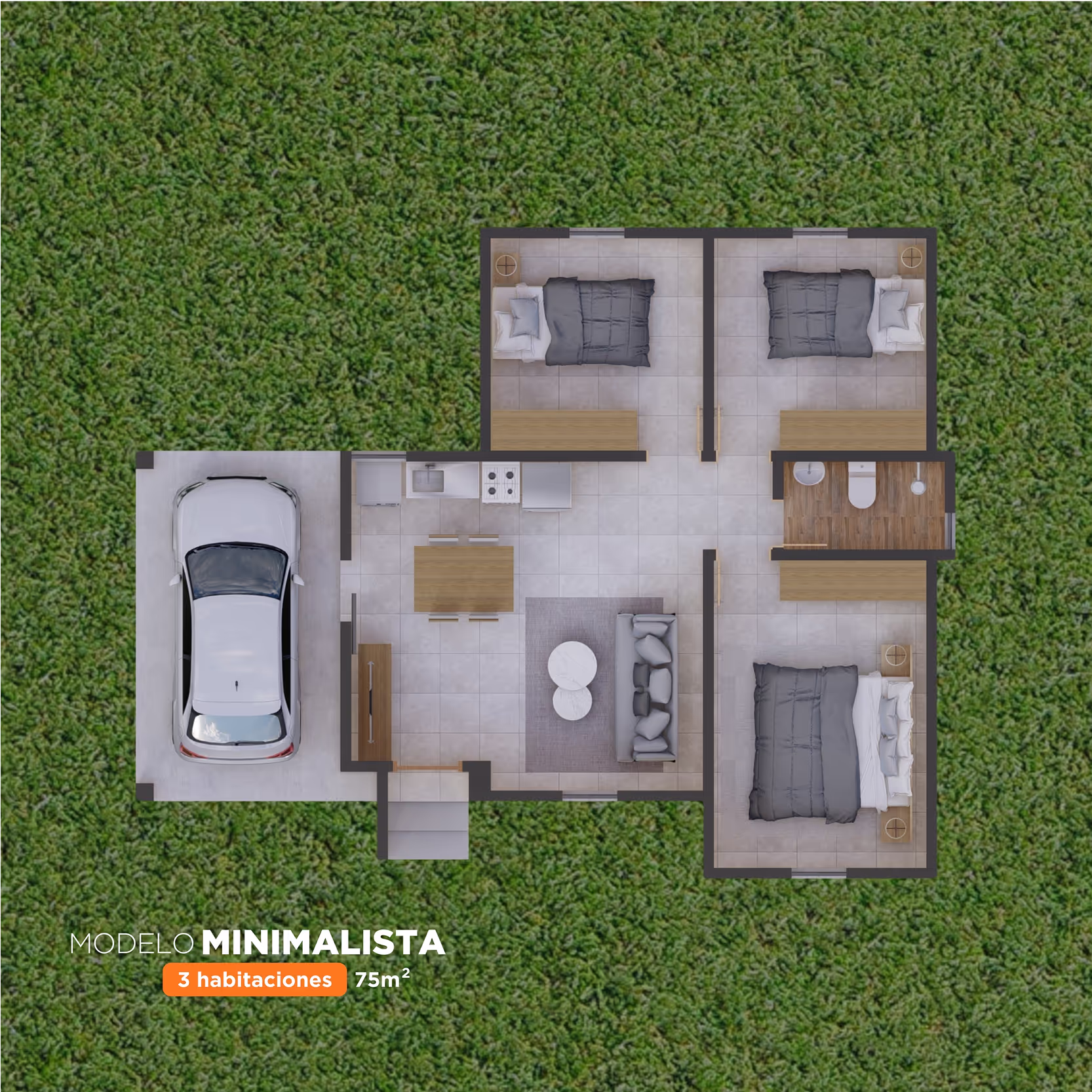 Plano cenital de la CasaMas modelo Minimalista de 3 dormitorios