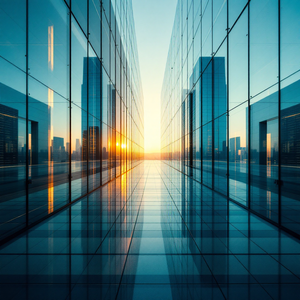Glass office buildings reflecting the sunrise