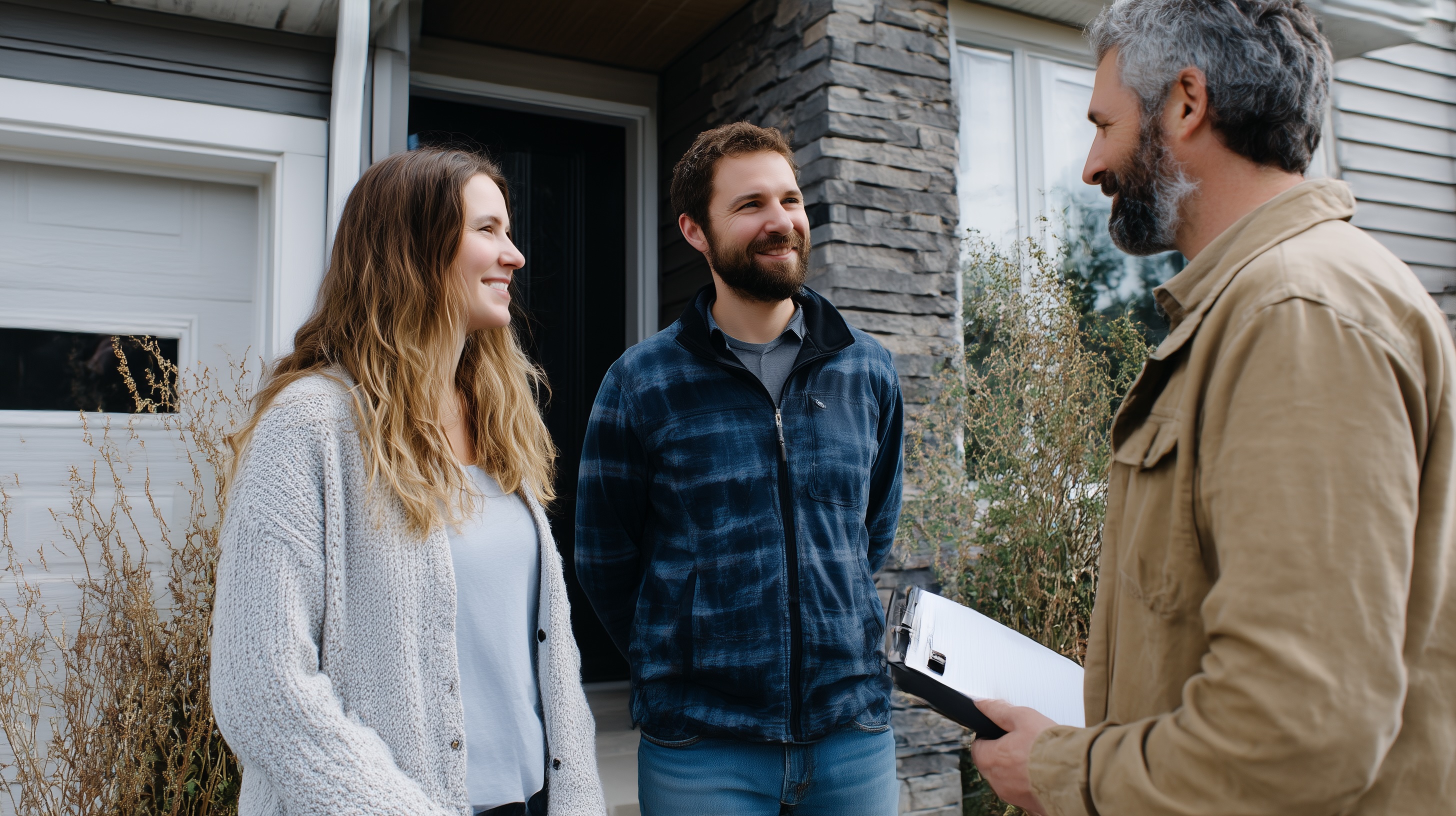 A contractor holding a clipboard talking to a man and woman outside their home