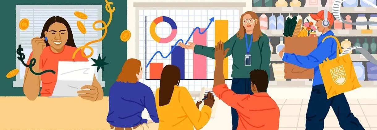 Vector illustration of UBC students doing different activities. From left to right: creating a budget, learning in an Economics lecture, grocery shopping