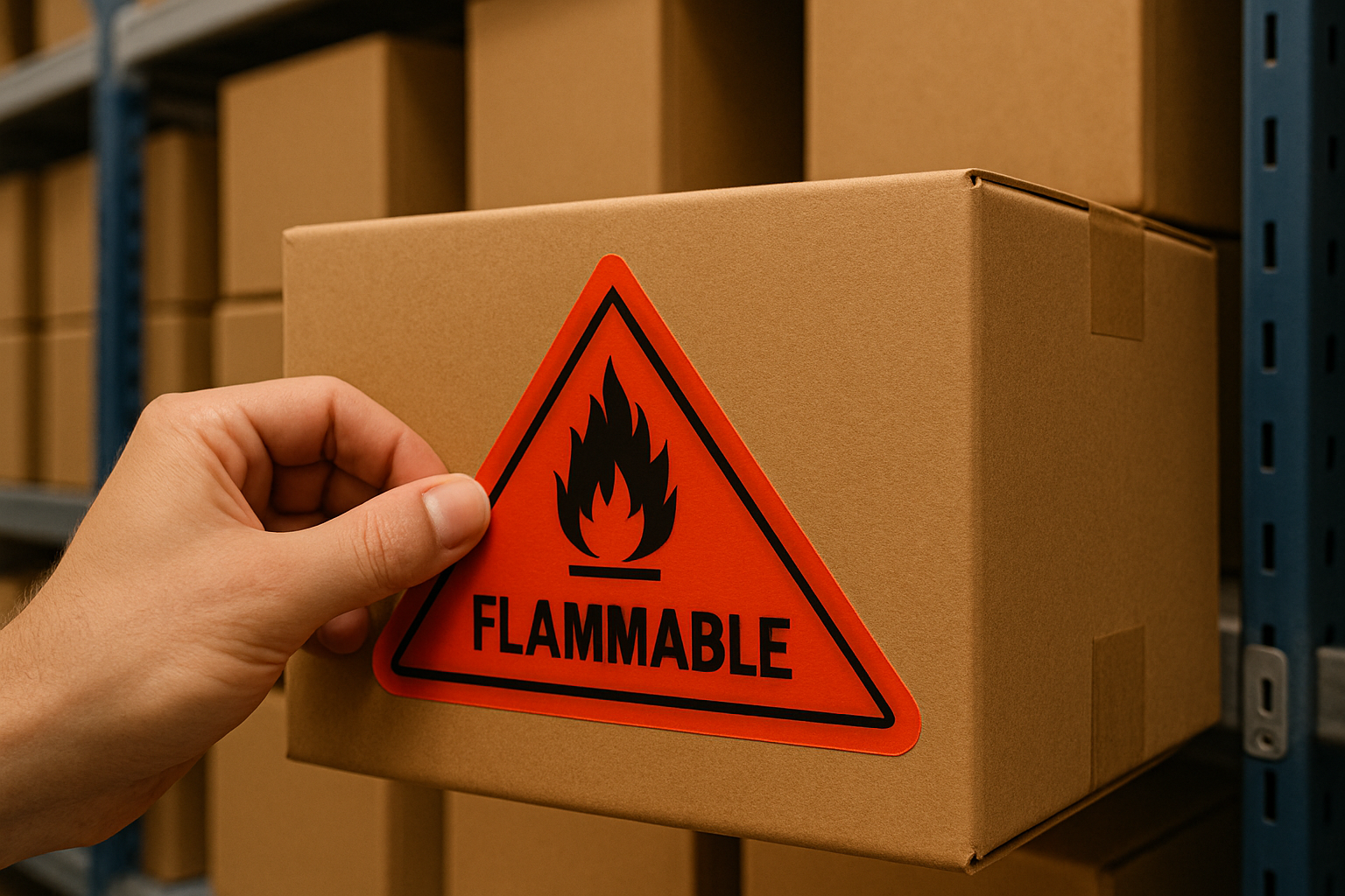 Робітник клеїть червону етикетку Flammable на коробку на складі