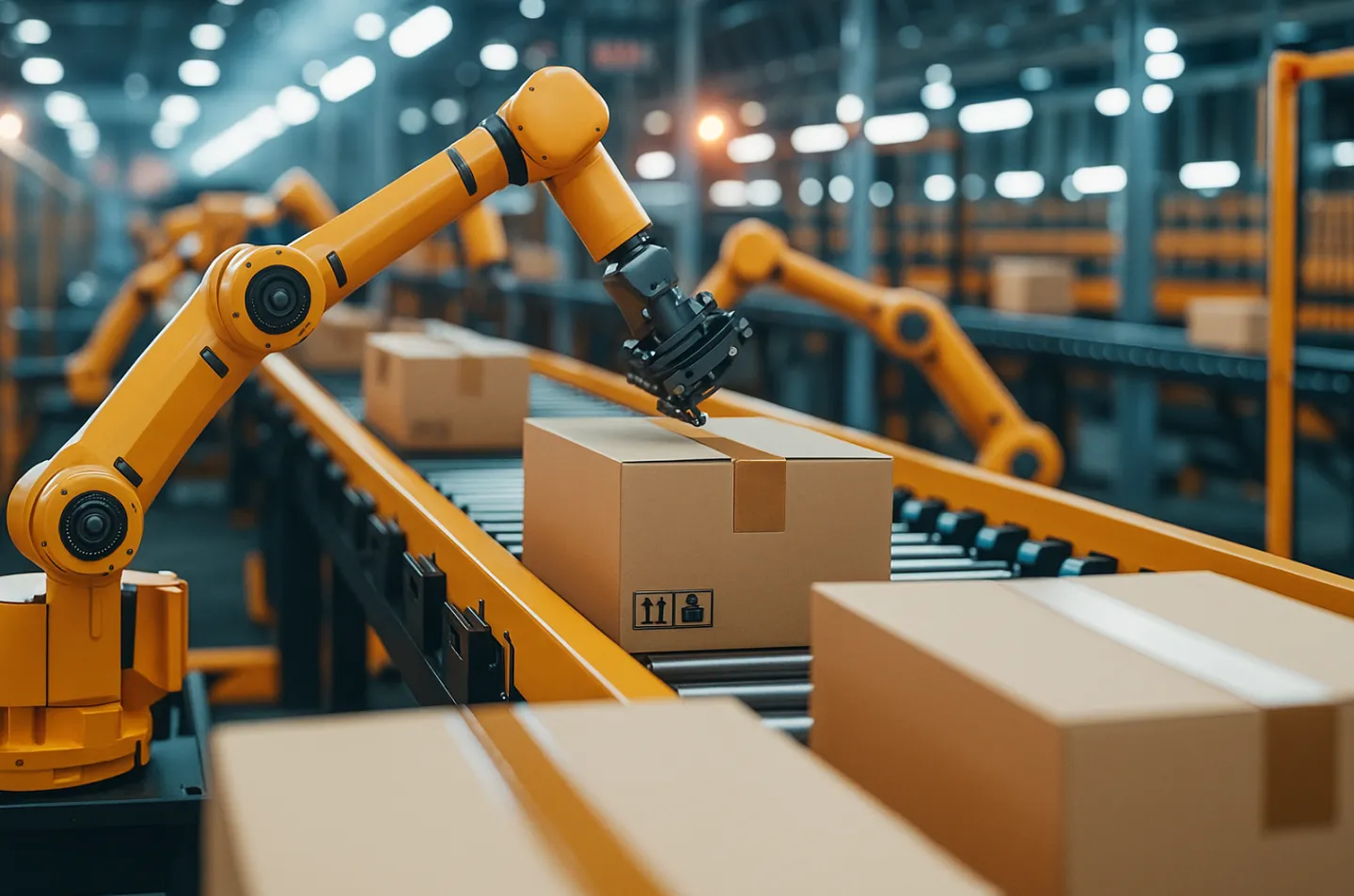 Роботизована рука на конвеєрі перекладає картонну коробку у сучасному автоматизованому складі