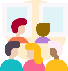 A graphic showing visitors walking towards an entrance