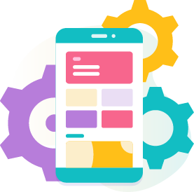 Graphic of a smartphone and different coloured cogs, showing customisable settings
