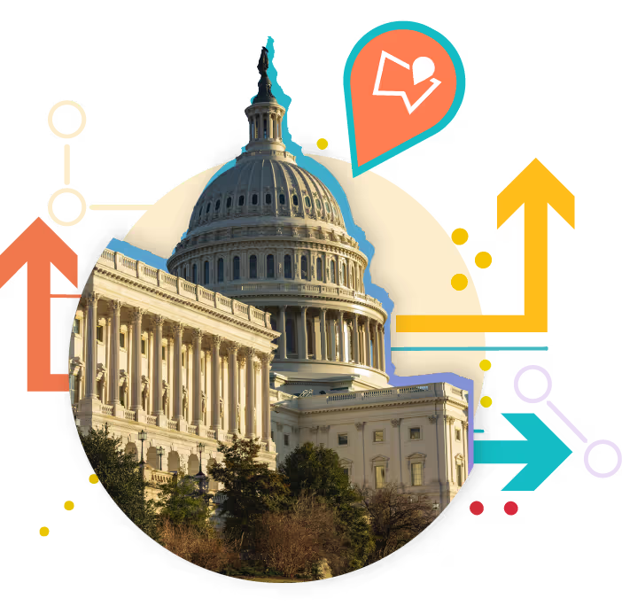 The capitol building in Washington graphically depicted with arrows behind it.