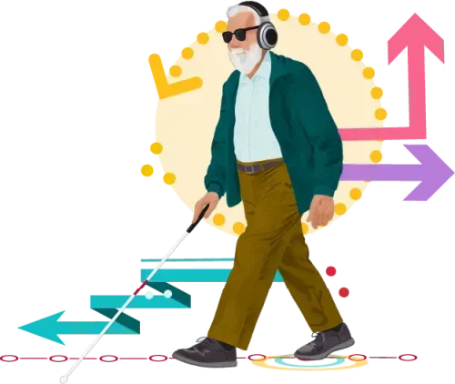 Graphic of a visually-impaired man, with a white cane and headphones, with navigation arrows pictured around him