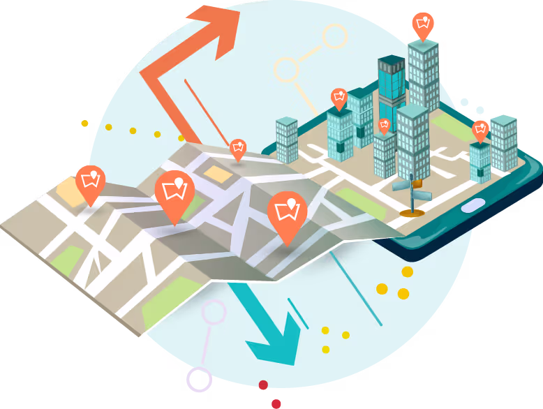 Graphic showing a map extending outside the bounds of a smartphone screen