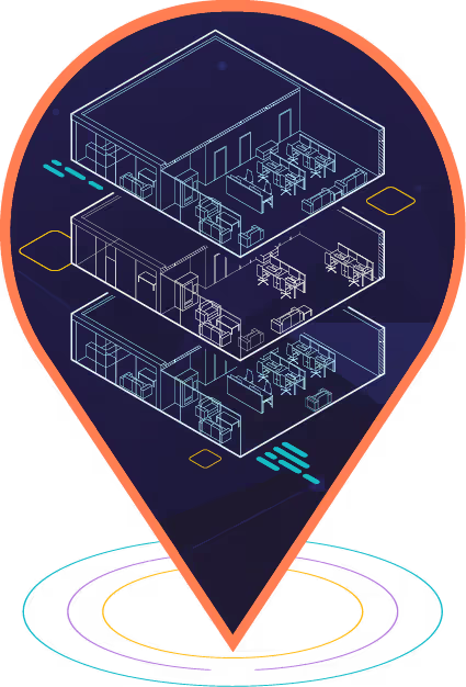 A graphic showing a location pin with a 3D scan of a building