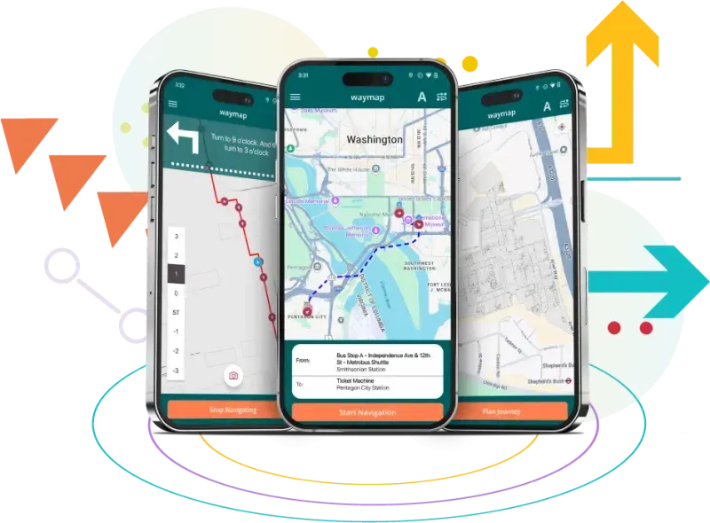 A graphic of three phones with various app screens from the waymap app