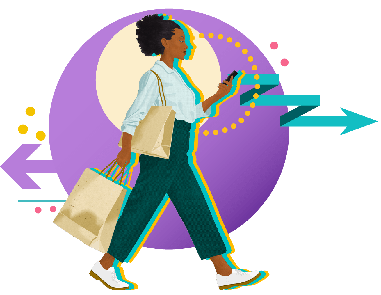 A graphic of a woman holding her phone and some shopping bags while walking forwards.