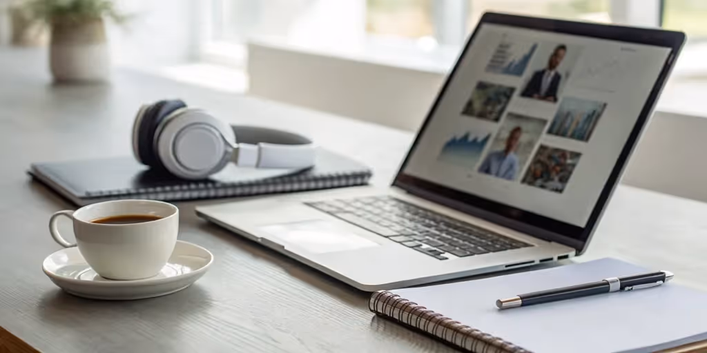 Laptop, coffee, and headphones on desk. Prezi alternatives for presentations.