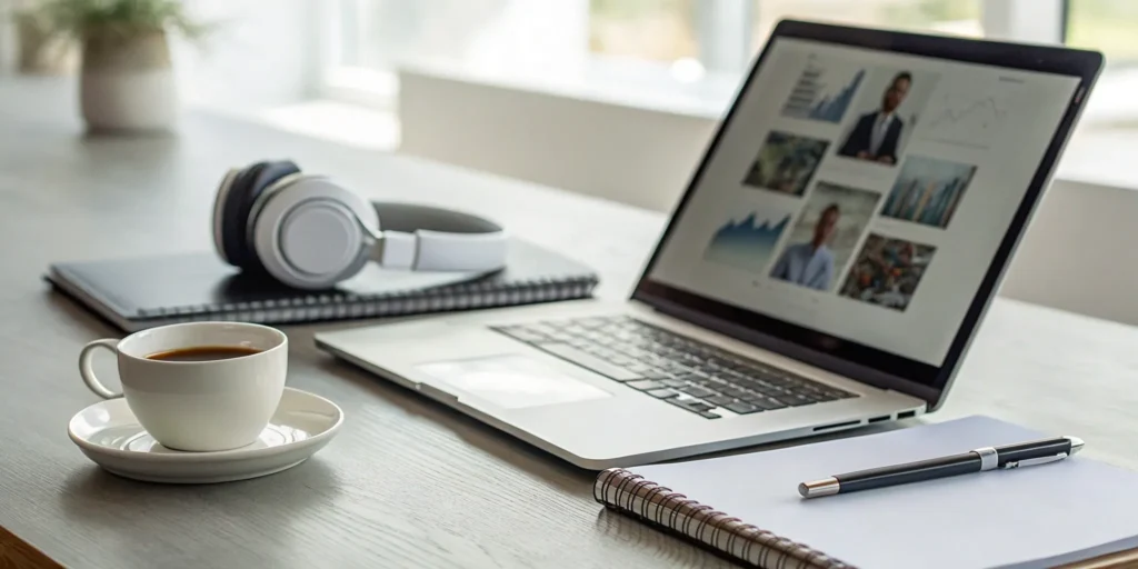 Laptop, coffee, and headphones on desk. Prezi alternatives for presentations.