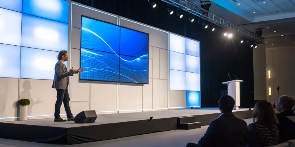 Engaging trade show presentation with speaker, digital screen, and audience.