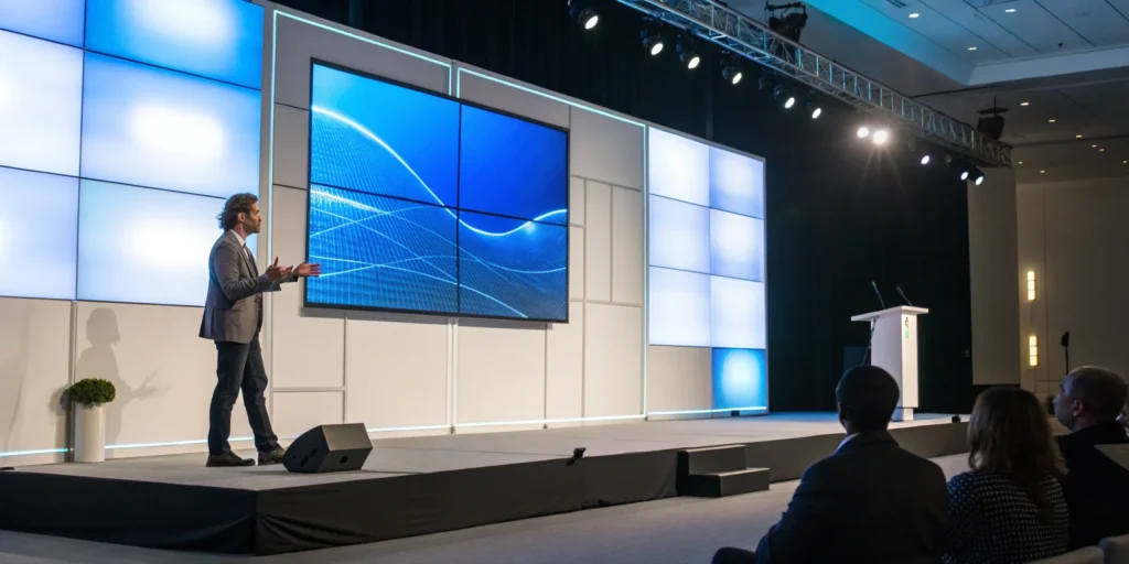 Engaging trade show presentation with speaker, digital screen, and audience.
