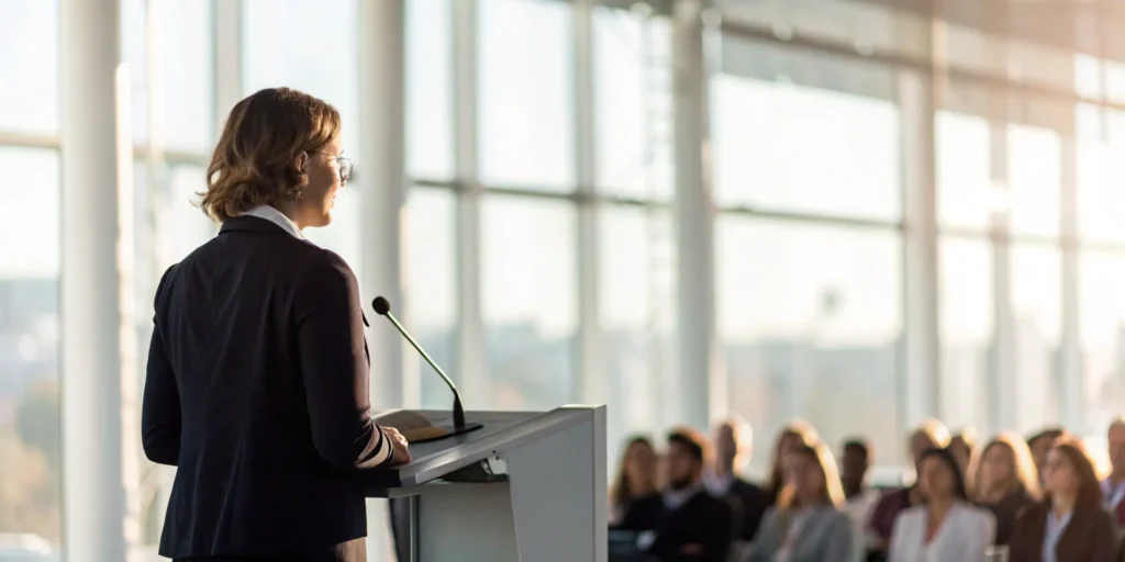 A professional improving presentation skills while delivering a speech to an attentive audience.