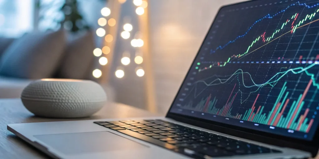 AI pitch deck on laptop with data charts.