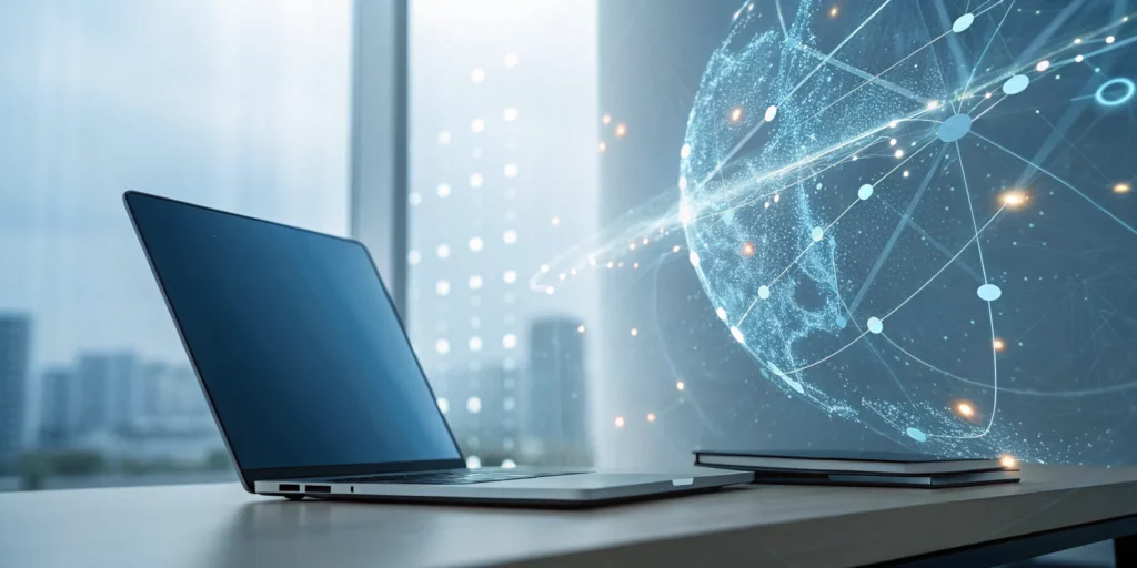 A laptop showing an AI topic for a presentation.