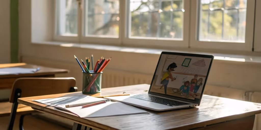 A classroom lesson on a laptop showing educational animation in action.