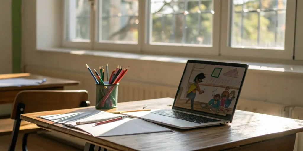 A classroom lesson on a laptop showing educational animation in action.