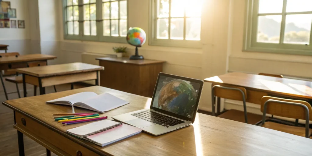 School presentation tools: Laptop, notebook, and pencils.