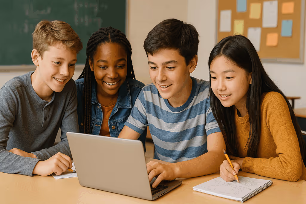 group of middle school students using AI