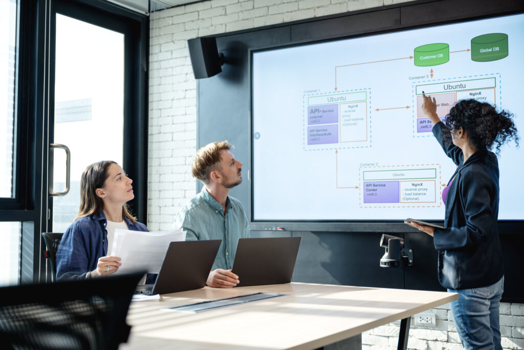 Effective Teamwork in Software Development to Stronger Team Relationships and Trust in Your Organizational. Team of software developer in discussion on a data flow diagram over a digital display during a meeting in a startup tech office.
