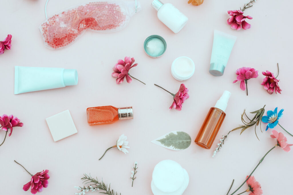 spring composition of cosmetic and  beauty cream products, using beauty brand colors