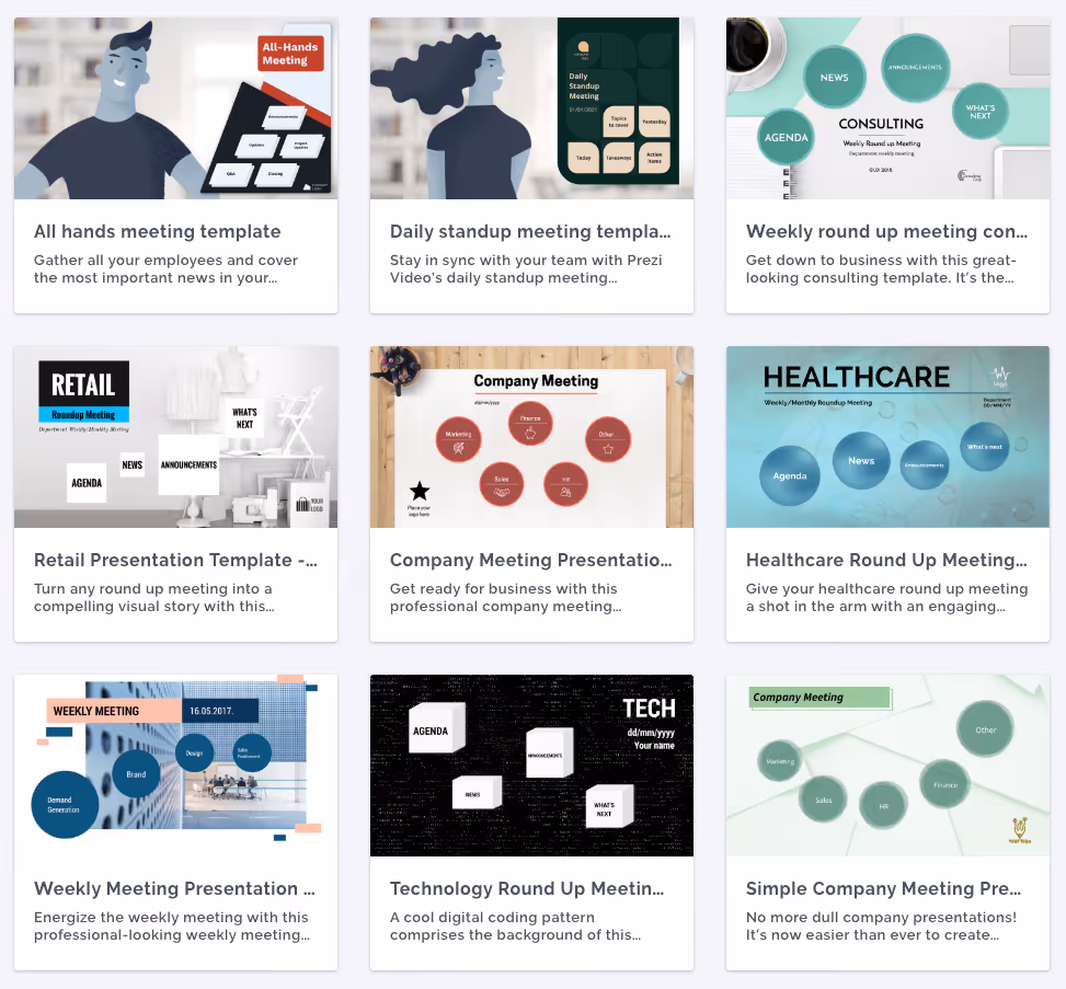 a screenshot of Prezi's meeting template gallery