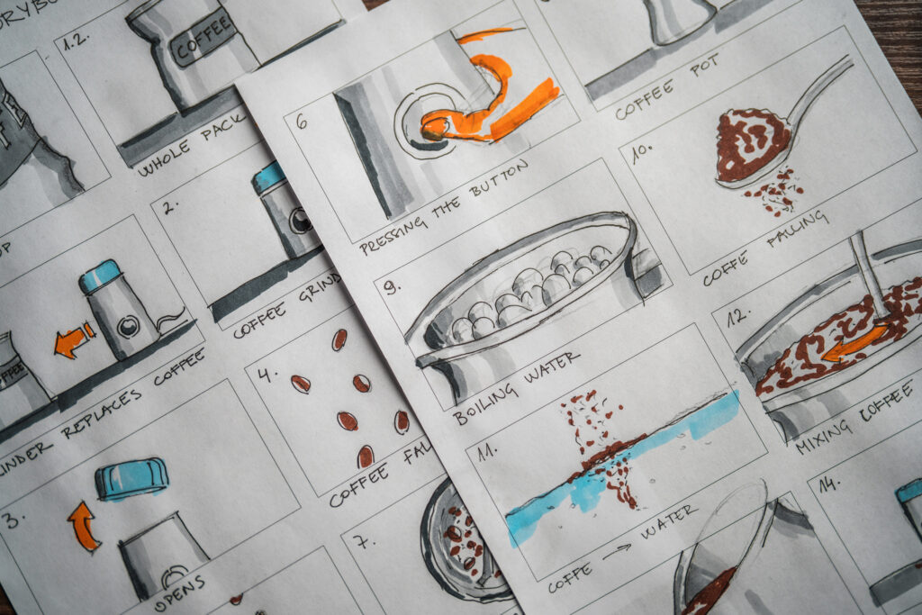 Storyboard and colored pencils on the table. Template design for commercial filming.