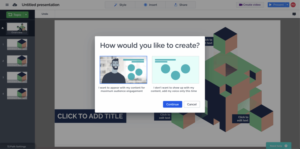 Create an impactful About Me presentation and record a voiceover using Prezi Vide.