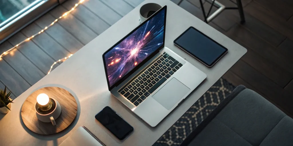 Laptop, tablet, and phone on desk. PowerPoint substitutes for presentations.