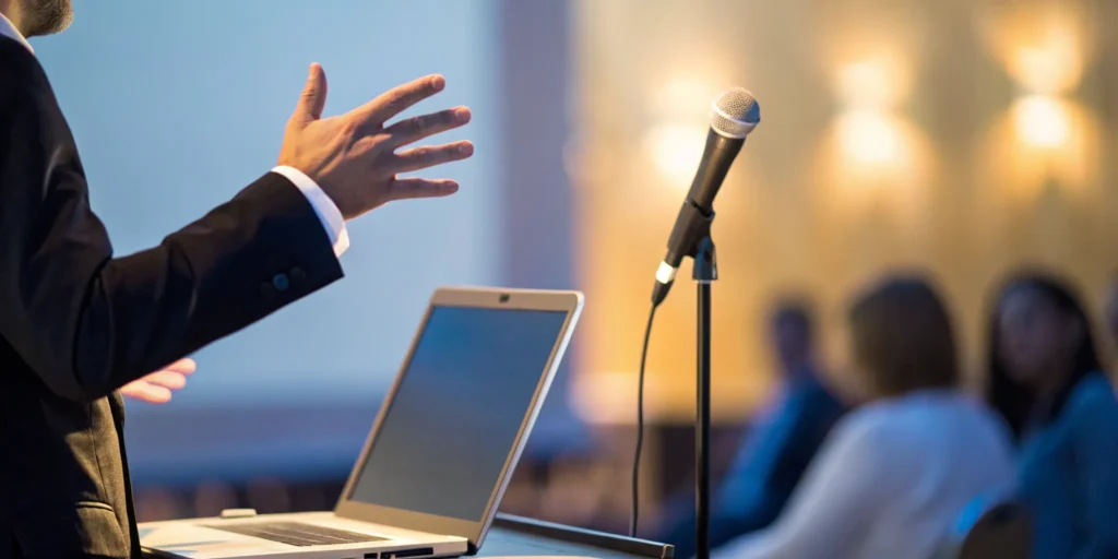 A person on stage giving a presentation and avoiding common mistakes.