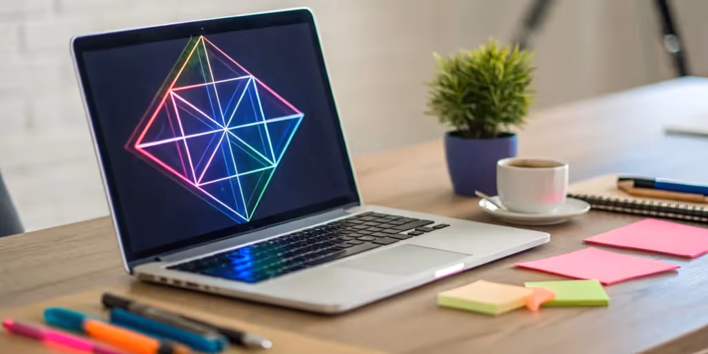 Easy presentation topic ideas on laptop with sticky notes and coffee.