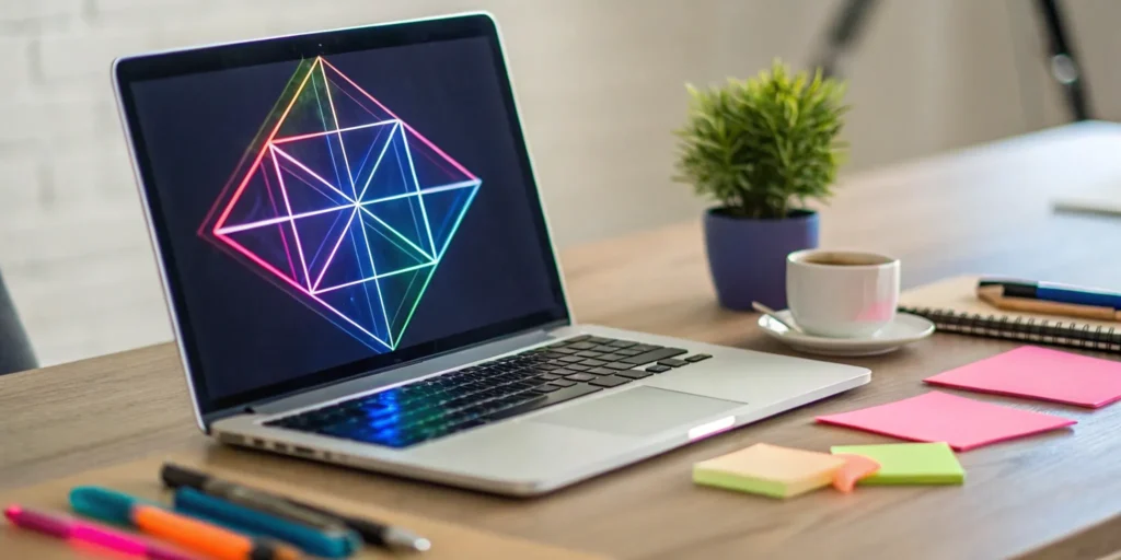 Easy presentation topic ideas on laptop with sticky notes and coffee.