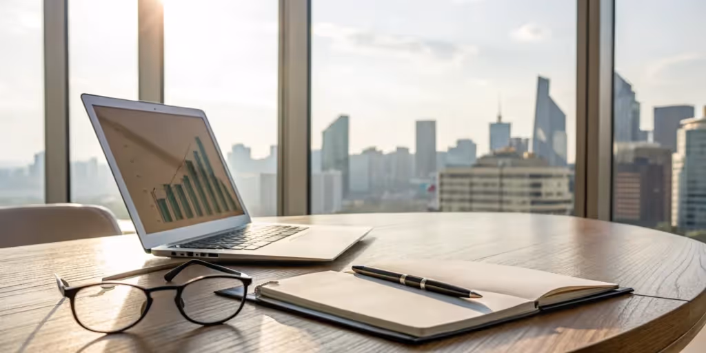 Management presentation tools: Laptop, notebook, and pen.