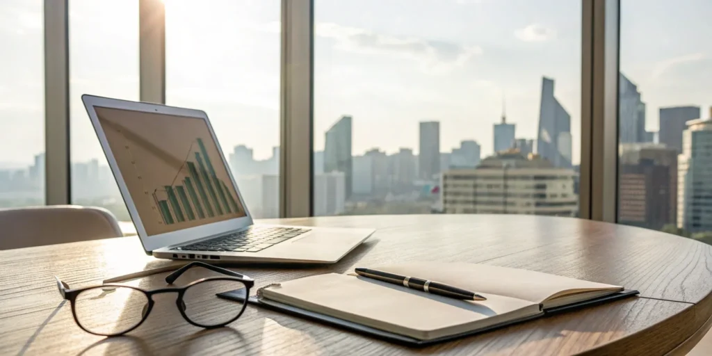Management presentation tools: Laptop, notebook, and pen.