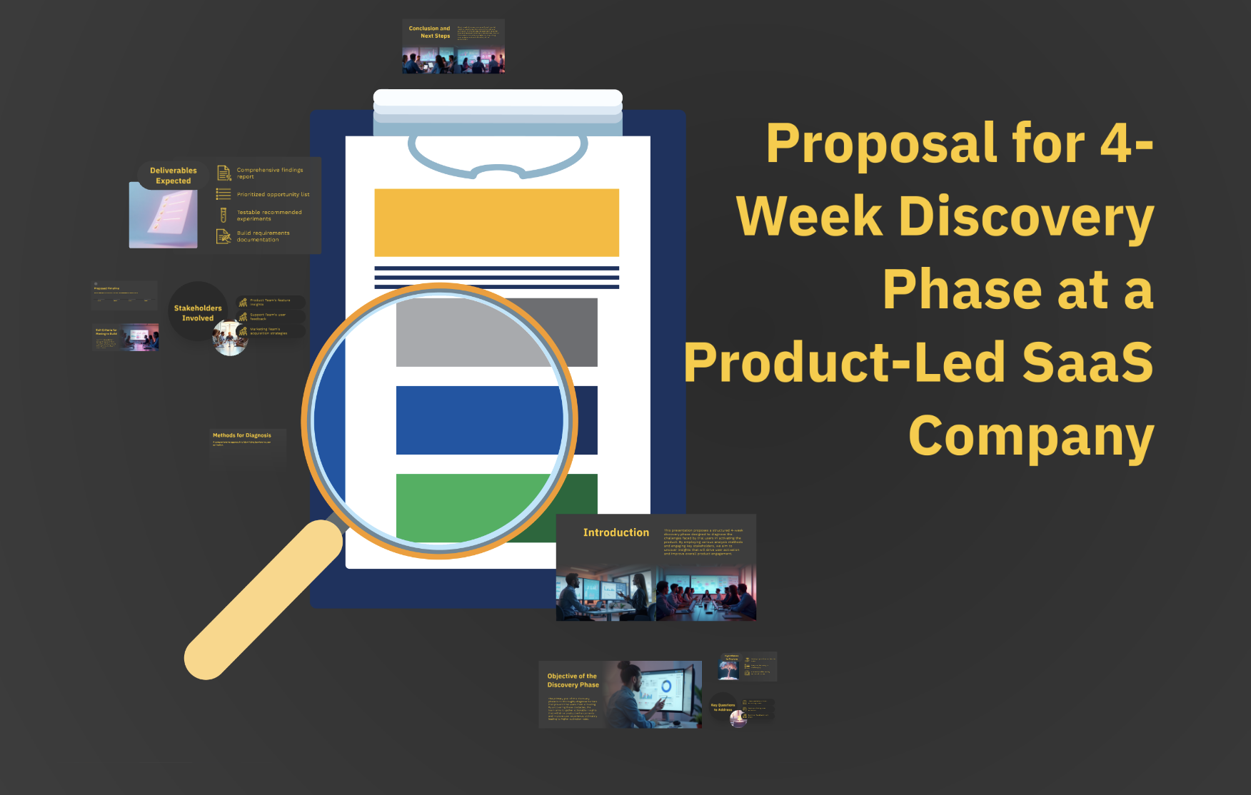 A Prezi presentation titled 'Proposal for 4-Week Discovery Phase at a Product-Led SaaS Company' on a dark gray background with bold yellow text, featuring a central illustration of a clipboard document under a magnifying glass, surrounded by presentation slides covering Deliverables Expected, Stakeholders Involved, Methods for Diagnosis, Introduction, Objective of the Discovery Phase, and Conclusion and Next Steps.
