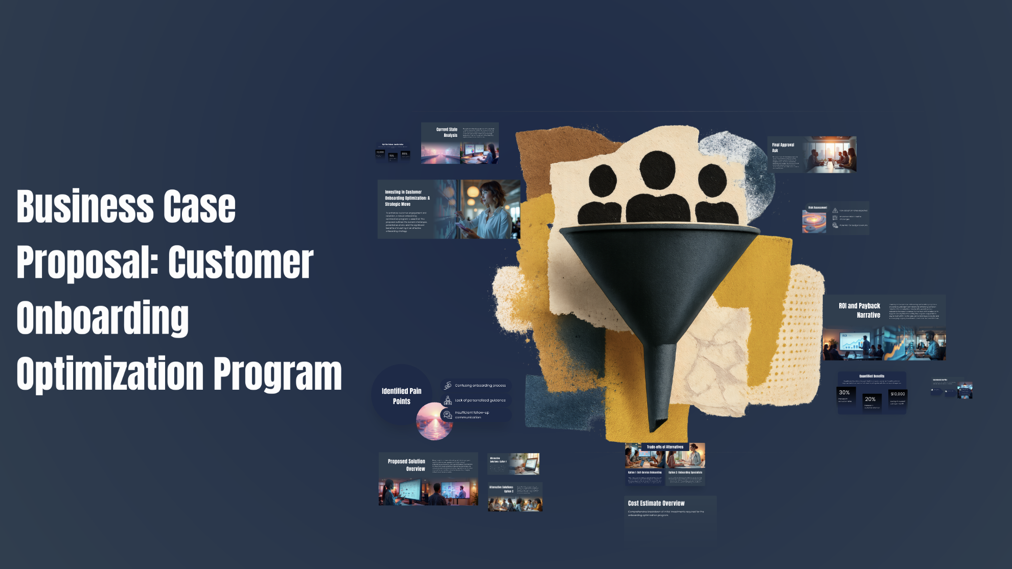 A Prezi presentation titled 'Business Case Proposal: Customer Onboarding Optimization Program' on a dark navy background, featuring a central collage-style illustration of a customer funnel with people icons in black against torn paper textures in gold and beige, surrounded by presentation slides covering Current State Analysis, Identified Pain Points, Proposed Solution Overview, Cost Estimate Overview, ROI and Payback Narrative, Trade-offs of Alternatives, Final Approval Ask, and Risk Assessment.