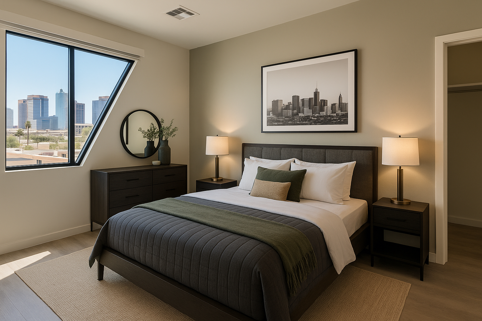 spacious bedroom with large windows