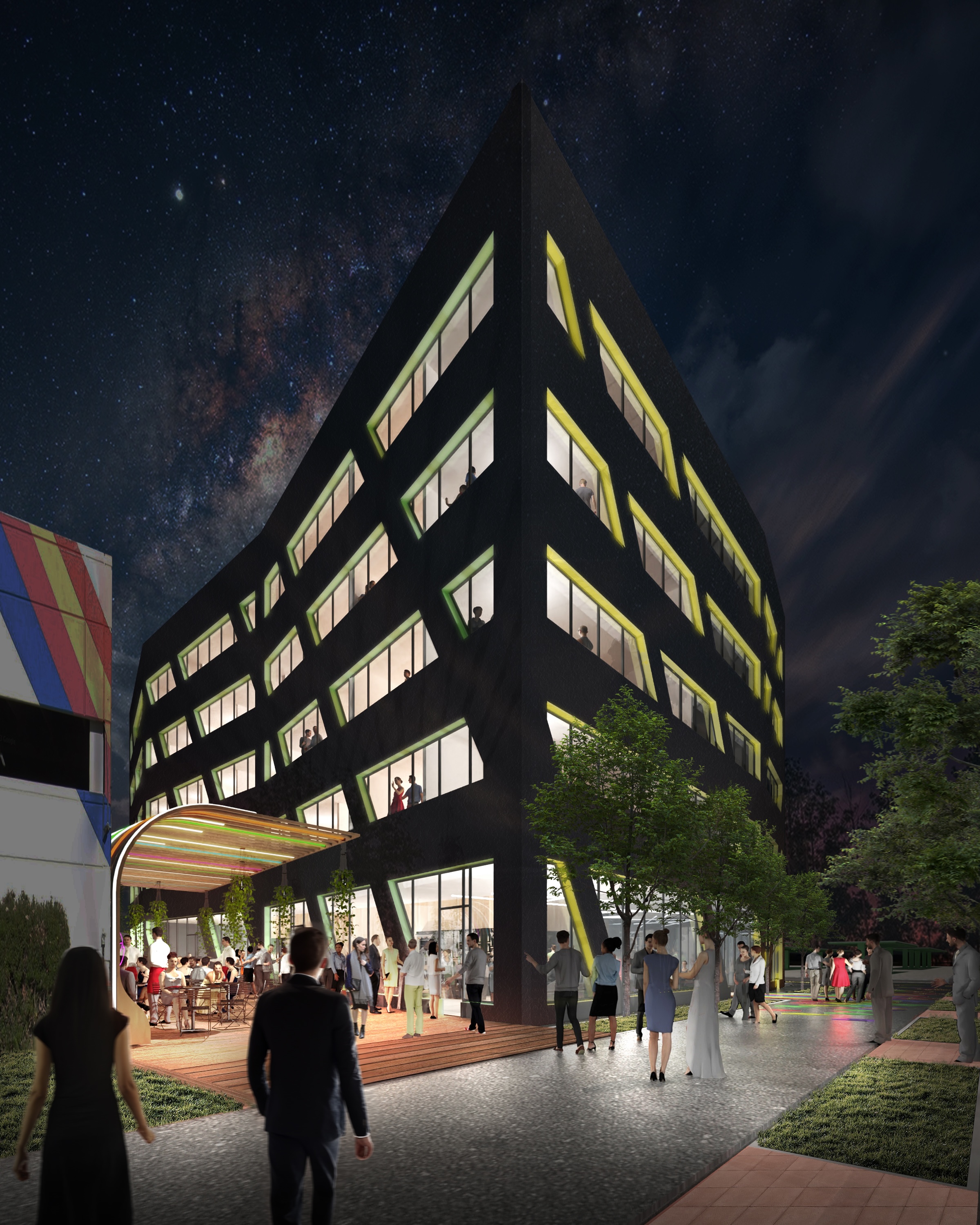 Rendering of the modern black building with red and yellow angular windows on a street with a child and adults nearby, at Rainbow Road in Phoenix, AZ.
